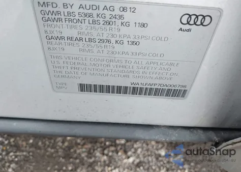 2013 Audi Q5 2.0T Premium from USA, damaged, VIN WA1LFAFP7DA006796